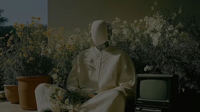 A humanoid robot dressed in white clothing sitting cross-legged among flower pots with yellow flowers, holding a bunch of flowers, next to an old television set.